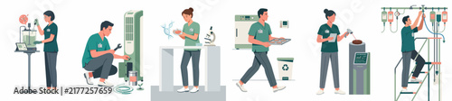 Vector illustration set showing scientists and technicians working in a laboratory, performing research, maintenance, and quality control tasks in a modern facility.