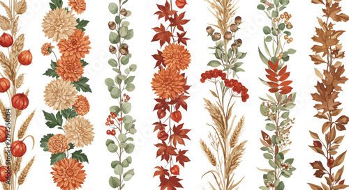 Set of seven vertical floral borders featuring autumn leaves chrysanthemums and seasonal plants isolated on a clean white background for design