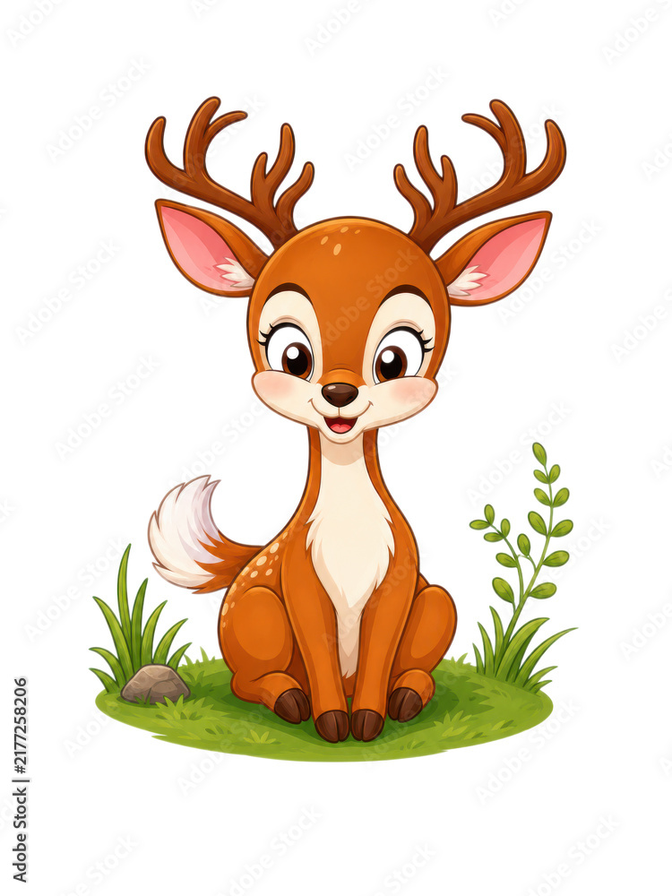 Fototapeta premium Cute cartoon deer sitting on green grass with antlers and a friendly expression