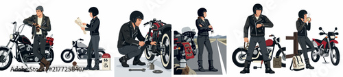 Set of Illustration Panels Depicting a Male Motorcyclist in Various Scenarios with Different Motorbike Models and Biker Lifestyle Elements