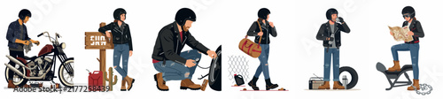 Illustration set of a male motorcyclist in various activities including maintenance, traveling, and navigating, isolated on a white background.
