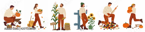 Set of flat vector illustrations of people harvesting crops, raking leaves, and gardening during the autumn season on a white background.