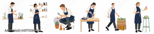 Flat character illustrations of people working in a botanical laboratory, apothecary, or craft distillery, extracting essential oils and handling herbs.
