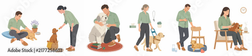 A collection of flat vector illustrations depicting people interacting with their pet dogs in various everyday scenes, including petting, walking, and cuddling.