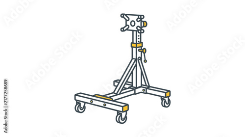 A heavy duty automotive engine stand with rotating mounting plate and caster wheels.
