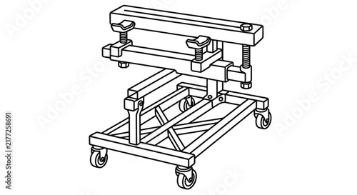 A technical line drawing of a mobile industrial engine stand with adjustable clamps.