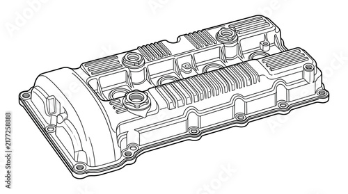 Line art illustration of an automotive engine valve cover component.
