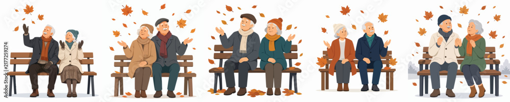 Fototapeta premium Flat vector illustration of old couple sitting together on bench park enjoying the falling dry autumn leaves