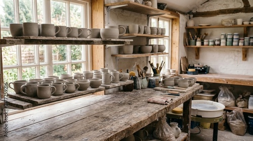 Rustic pottery workshop interior with handmade ceramic mugs on wooden shelves