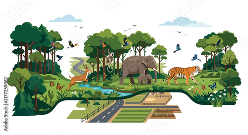 Bild auf Leinwand Wildlife and nature landscape flat vector illustration with animals