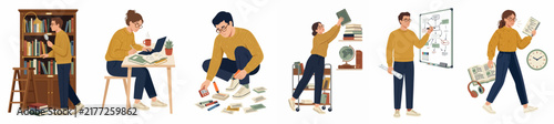 Collection of flat vector illustrations depicting people engaged in various academic, research, and organizational activities like studying, planning, and library work.