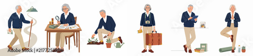 Flat vector illustration set of active senior citizens enjoying diverse hobbies and leisure activities like hiking, gardening, traveling, and yoga during retirement.