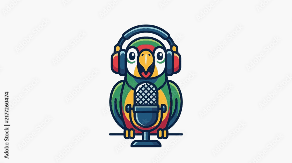Fototapeta premium Vector illustration of a colorful cartoon parrot wearing headphones and speaking into a professional condenser microphone, isolated on a white background for podcast and radio mascot.