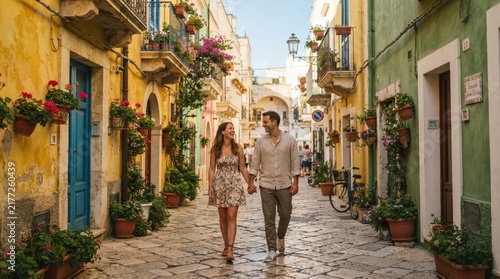 Happy couple walking together down a charming narrow european old town street