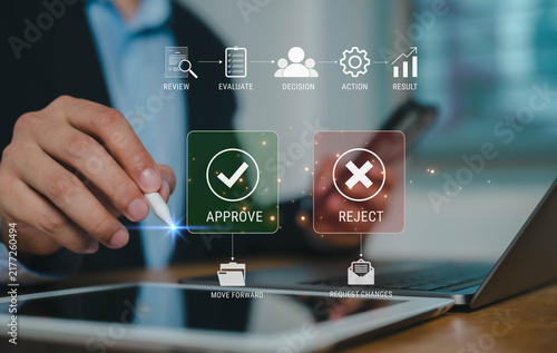Cuadro en lienzo Business professional reviewing and evaluating decisions with approve and reject icons, illustrating workflow management, document review, risk assessment, decision making, approval and results