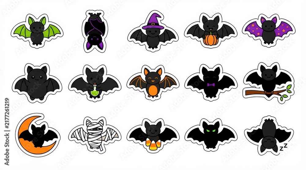 Obraz premium Set of colorful cute bat stickers for halloween