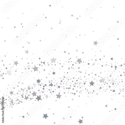 Grey stars sweeping across white background. Silver confetti pattern. Abstract celebration design element