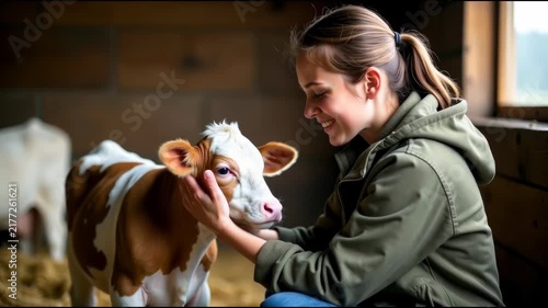 Woman gently petting a brown and white cow