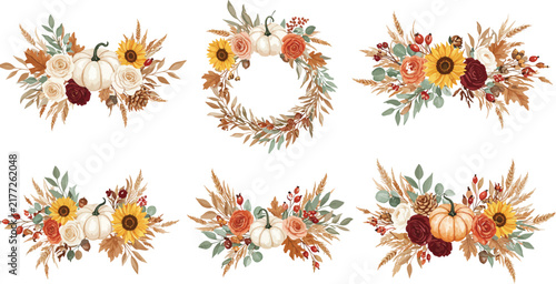 Set of beautiful watercolor autumn floral arrangements with pumpkins sunflowers and dried leaves isolated on a white background for design