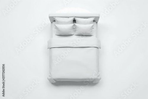 3d Cartoonish Top View of a Neatly Made White Bed with Four Pillows and Clean Folded Duvet Isolated on White Background