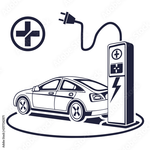 Electric vehicle charging station monochrome illustration.