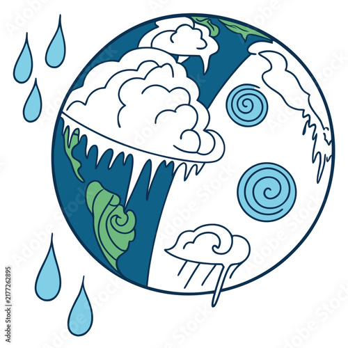 Earth with weather elements and water drops.