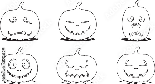 Set of six carved jack o' lanterns with funny and spooky facial expressions for Halloween design