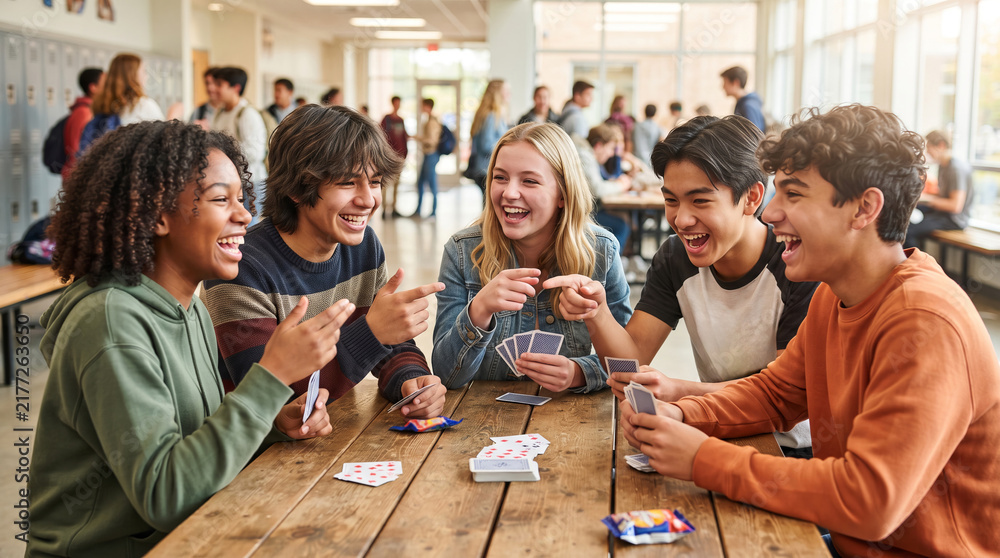 Obraz premium Happy teenage students playing cards together at wooden table in school cafeteria. Diverse group of friends laughing and having fun during break. School life, friendship and leisure concept