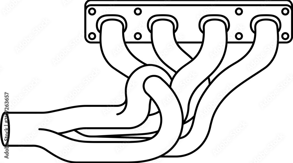 Naklejka premium A black and white line art illustration of a four cylinder automotive exhaust header.
