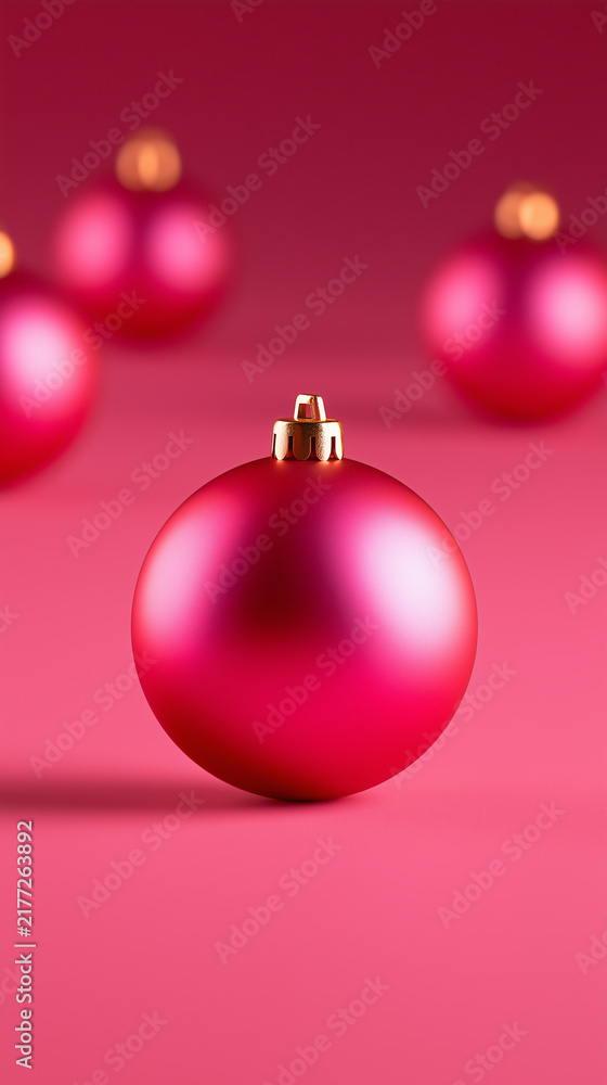 Obraz premium Red Christmas bauble on a vivid pink background with blurred red ornaments and soft lighting, bold monochromatic holiday composition with copy space.