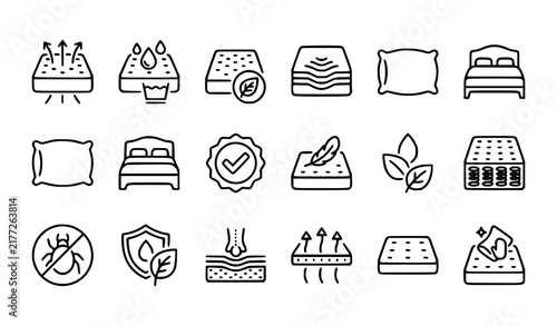 Konstfotografi Mattress Features and Bedding Care Line Icons Set Vector Illustration