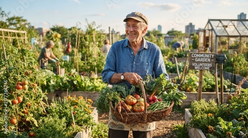 Senior man harvesting fresh vegetables in a community garden basket