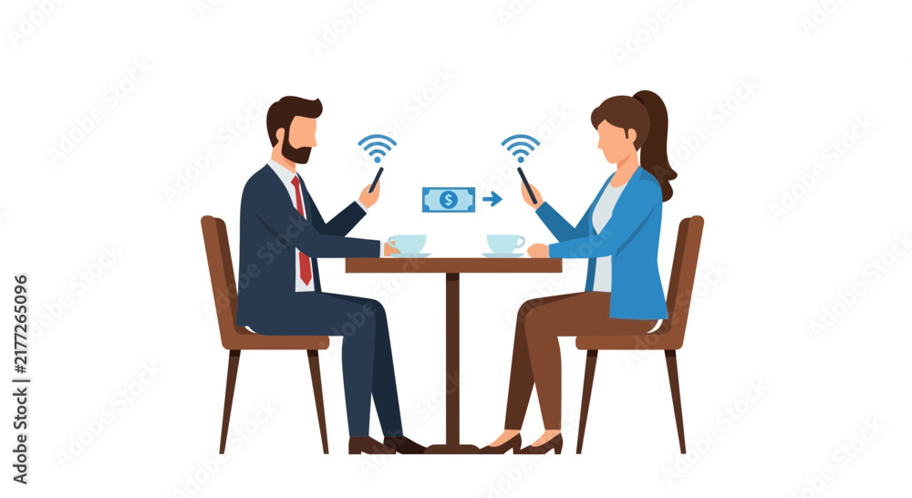 Obraz premium Online Money Transfer and Mobile Payment Concept: Man and Woman Using Smartphones at a Cafe