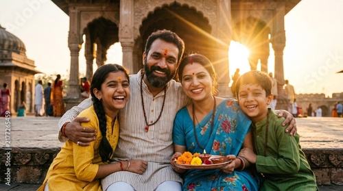 Happy indian family celebrating traditional festival holding puja thali outdoors