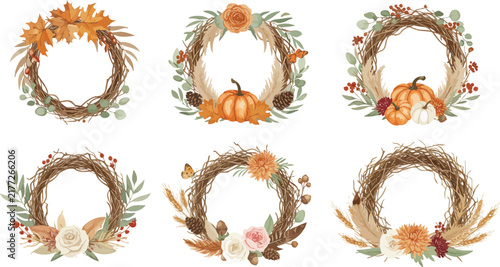 Set of six beautiful watercolor autumn floral wreaths featuring pumpkins and fall leaves isolated on a clean white background design element
