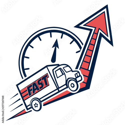 Foto Fast delivery truck with clock and arrow indicators.