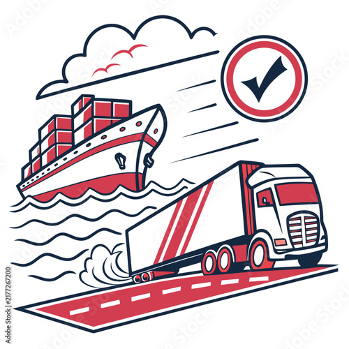 Cargo ship and freight truck logistics transport.