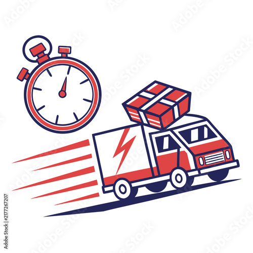 Fast delivery truck with package and stopwatch icon.