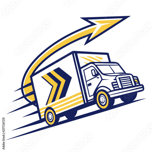 Modern delivery truck driving fast with an arrow.