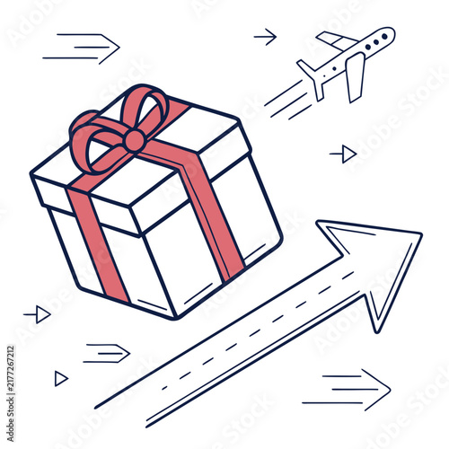 Parcel with gift ribbon flying with airplane icon.