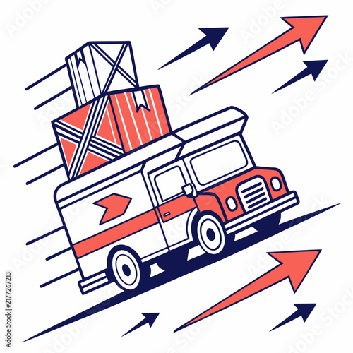 Fast delivery truck with packages and arrows icon.