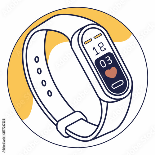 Fitness tracker band with heart icon and numbers.
