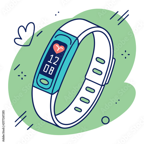 Wearable activity tracker on green background art.