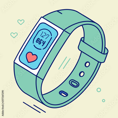 Fitness tracker wristband displaying health statistics.