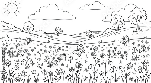 A detailed landscape coloring page featuring rolling hills majestic trees and a peaceful river scene for creative expression and relaxation