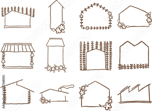 Hand Drawn House Frame and Floral Wreath for Garden Cafe, Garden house and Cottagecore Branding.