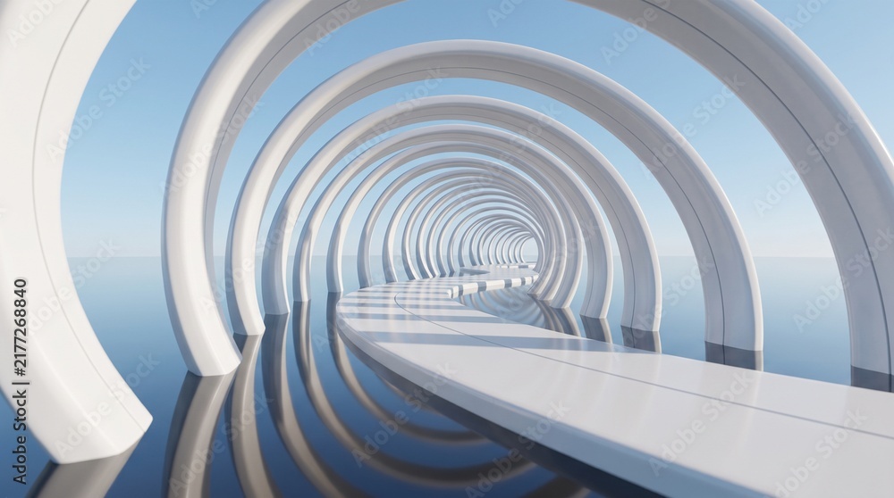 Obraz premium Abstract white circular corridor tunnel featuring reflective glossy floor surfaces under a clear blue sky background
