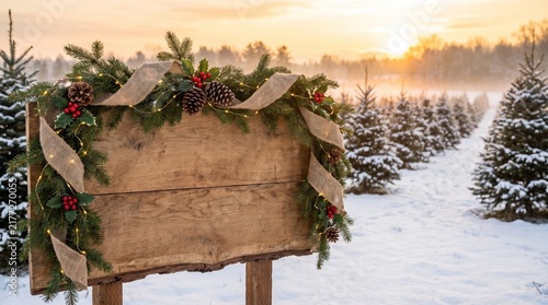 Blank Wooden Christmas Sign at Snowy Tree Farm