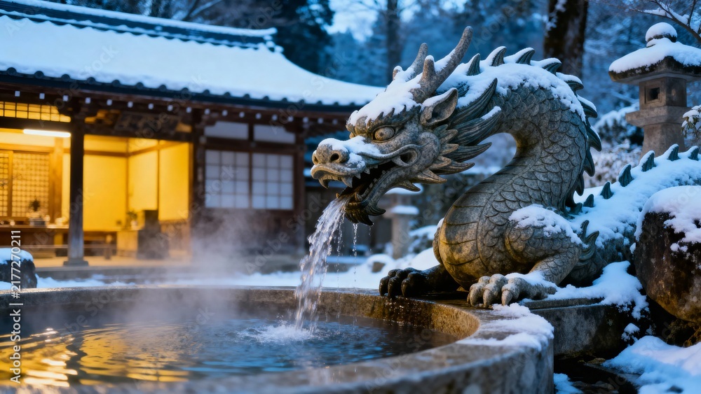 Obraz premium Snow-covered dragon statue spouting water into a stone basin at a traditional Japanese temple in winter