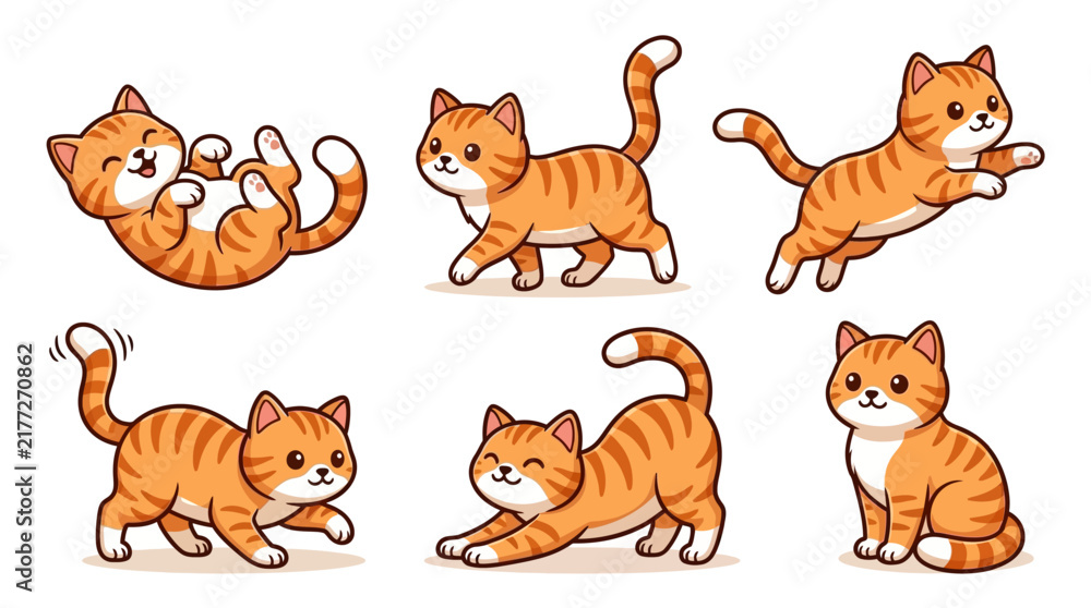 Obraz premium Cute and playful cartoon red tabby cat vector illustrations showing various poses and activities